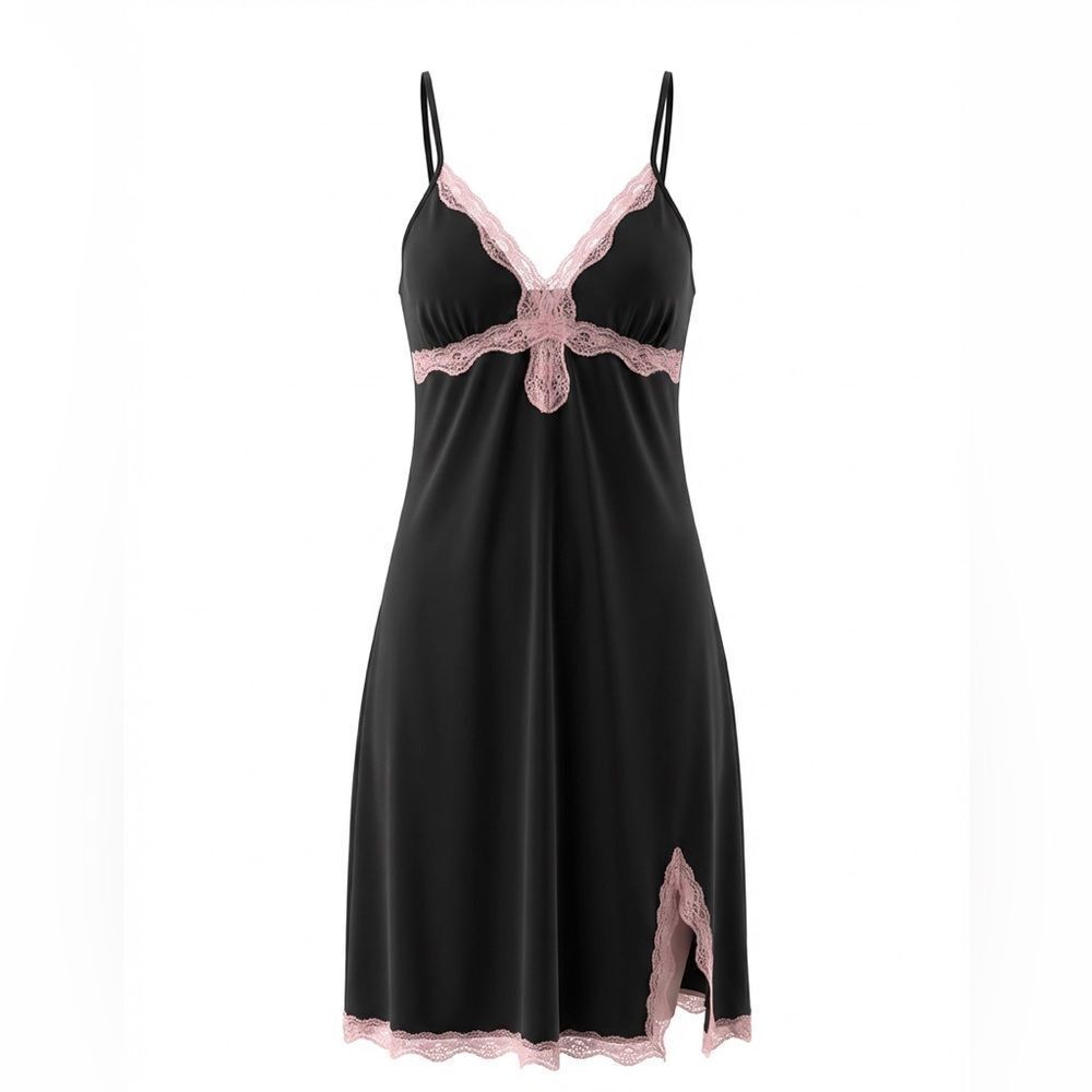 Fredericks of Hollywood womens Black and Pink Lace Slip Dress size M